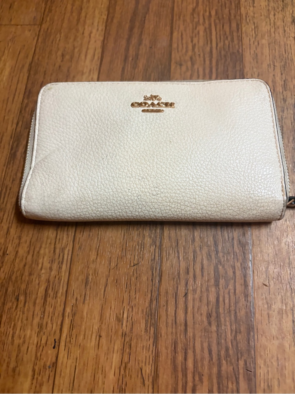 Coach Cream Zip-Around Leather Wallet with Gold Logo